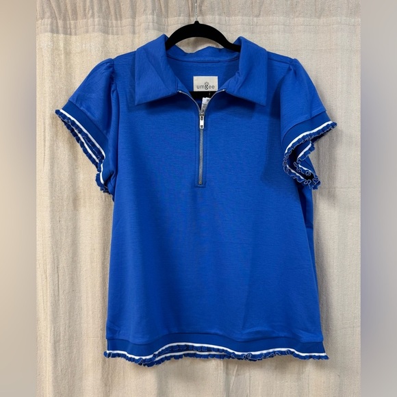 Umgee Tops - Umgee Blue Polo Shirt with Striped Trim and Relaxed Fit